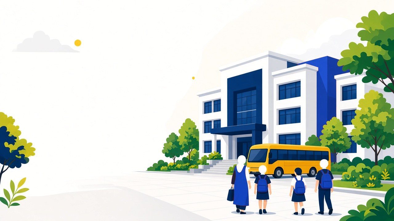 Families arriving at a school campus with a school bus