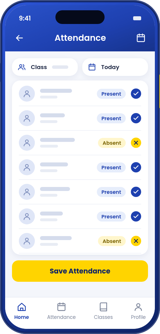 Illustrative SchoolHox Teacher App attendance screen