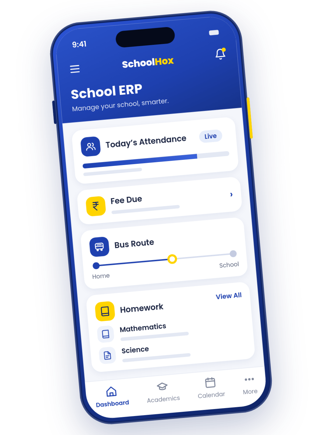 Illustrative SchoolHox School ERP app screen: attendance, fee due, bus route and homework