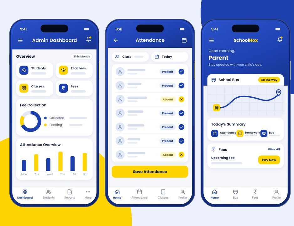 SchoolHox admin dashboard, teacher attendance and parent apps