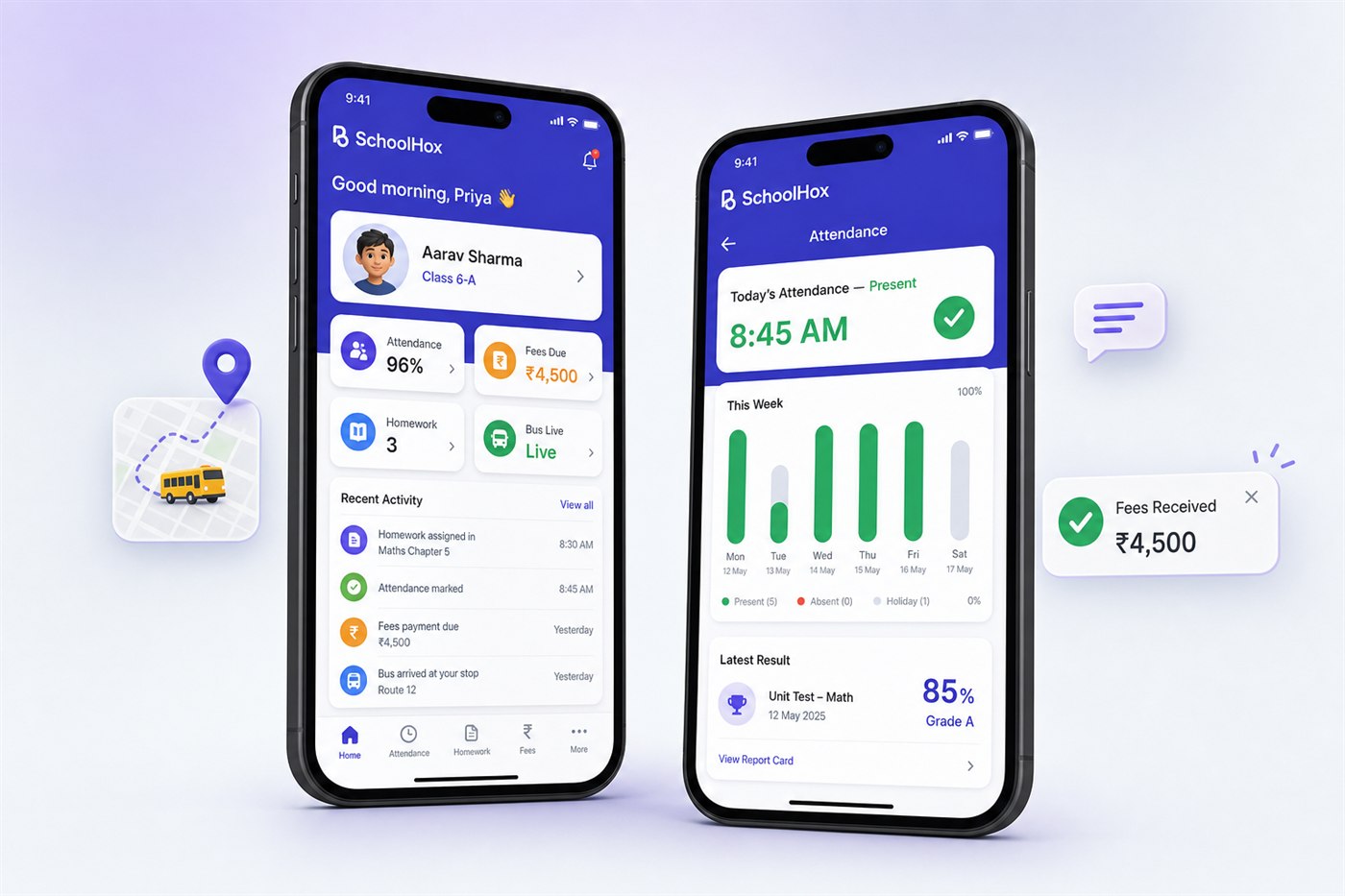 SchoolHox parent and student mobile app screens showing live attendance, fees due, homework and bus tracking